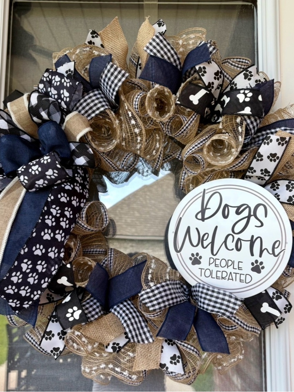 Dog Paw Burlap & Ribbon Wreath - Navy, Black, White, Natural